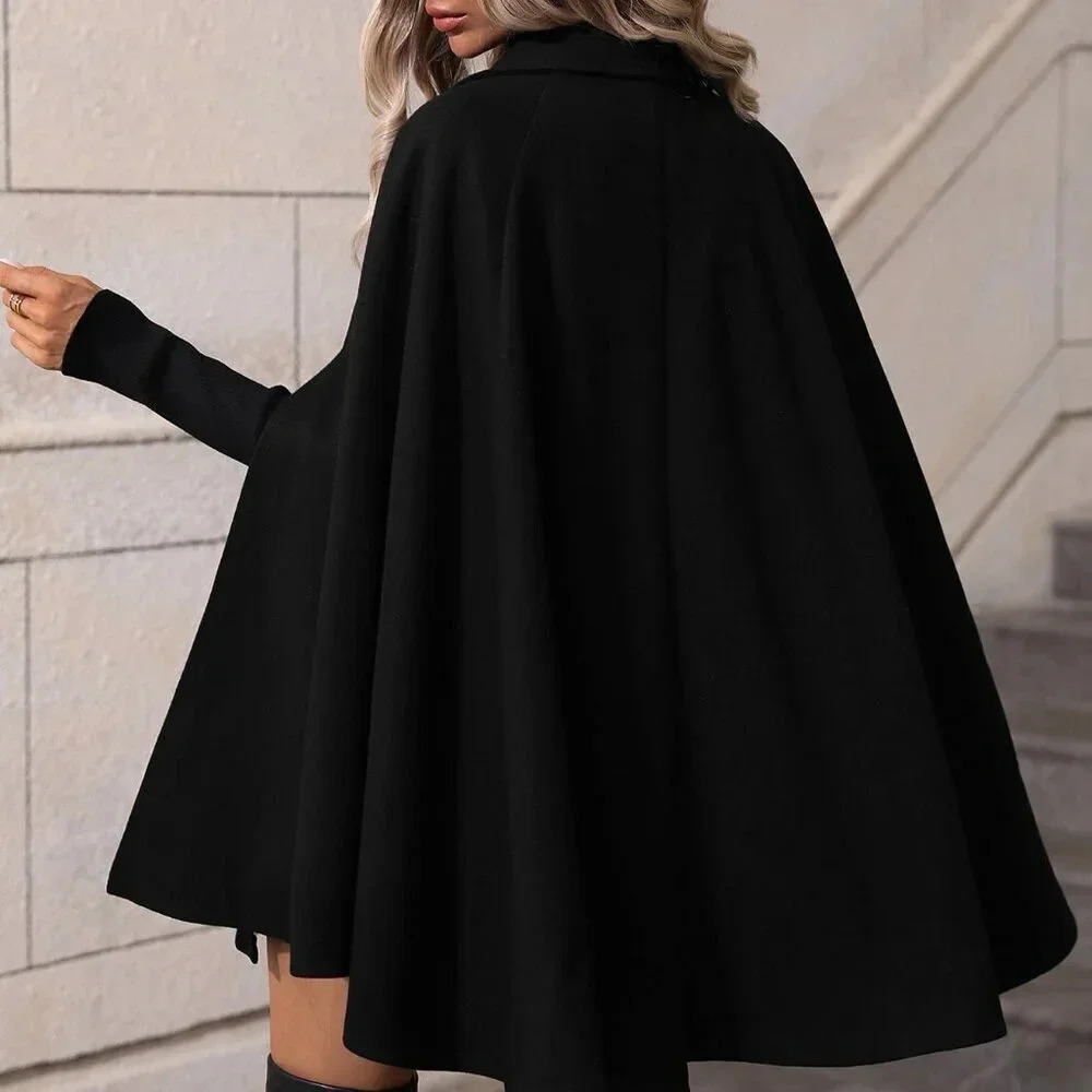Black Elegant Women's Double Breasted Cloak Sleeve Cape Overcoat - Picture 3 of 6